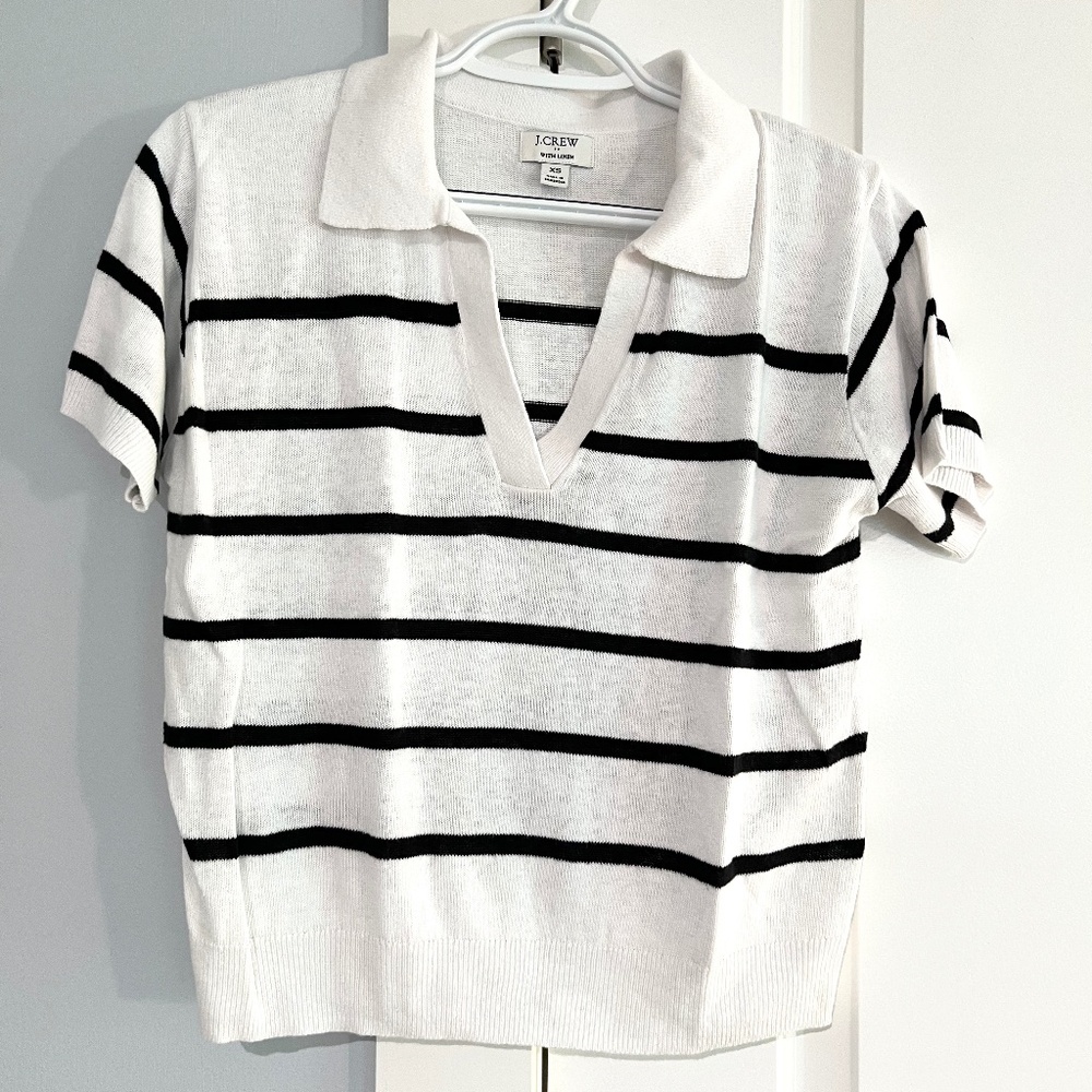 J. Crew Linen-blend short-sleeve polo sweater, bright white, black stripes